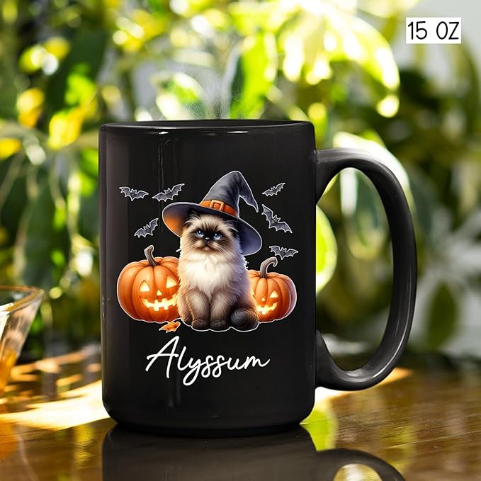 Customized Himalayan Wearing Witch Hat Mug with Name, Personalized Halloween Himalayan Ceramic Mug 11oz 15oz, Cat Pumpkins Black Coffee Cup, Halloween Cup Gift for Pet Lover Family Friend