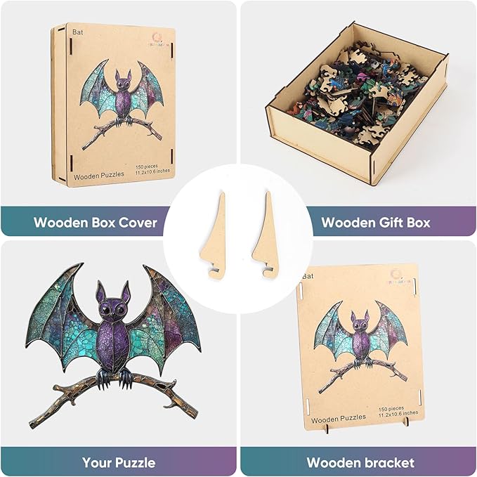 Wooden Puzzles for Adults,Stained Glass Bat Puzzles -Animal Wooden Puzzles,Unique Irregular Fun Challenging Jigsaw Puzzles Gifts，Perfect Family Games,11.2 * 10.6inch