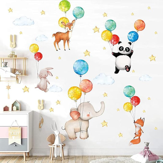TOARTi Cartoon Animals Wall Stickers, Colorful Balloon Wall Decals, Watercolour Stickers for Baby Room, Adorable Animals Panda Elephant Fox Rabbit Stickers for Kids Bedroom Nursery Wall Decoration