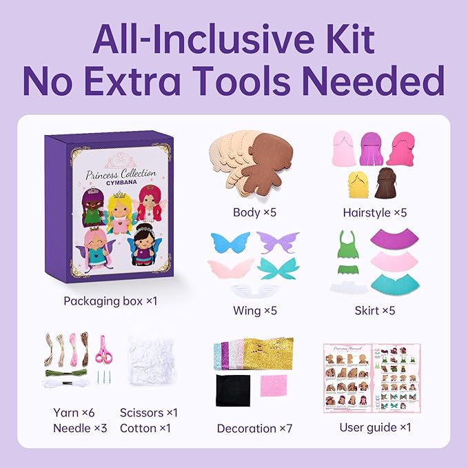 Cymbana Princess Felt Craft Kit for Girls Beginner Sewing Kit, Arts and Crafts for Kids Ages 8-12 Make Your Own Fashion Designer Kits