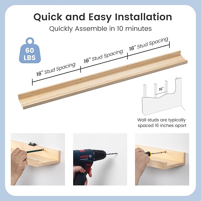 Pine Wood Nursery Book Shelves 3 Pack, Floating Ledge Shelves for Kids' Room, Bedroom, Bathroom, Long Floating Shelves for Wall, Natural