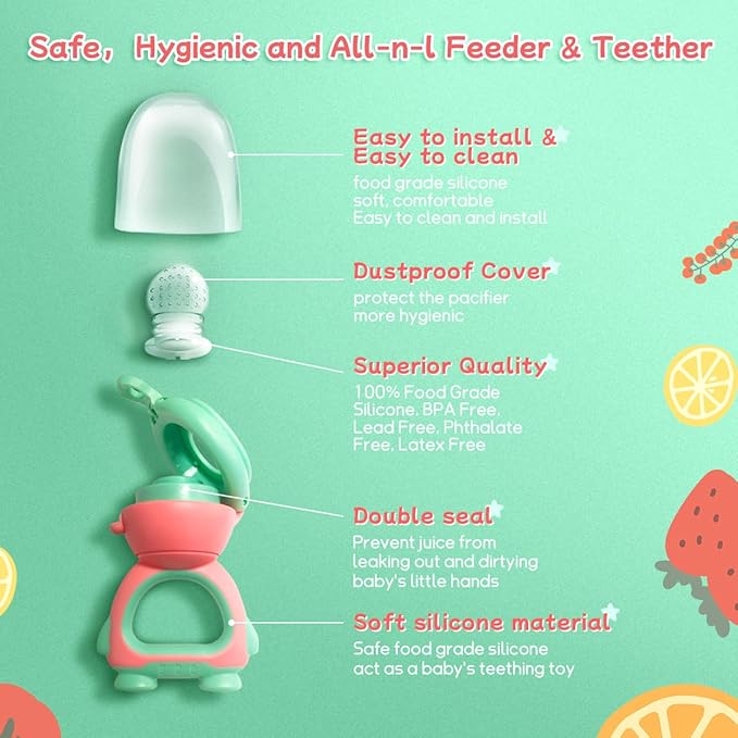 Baby Fruit Food Feeder - Silicone Nibble Tray Combo - Breastmilk Popsicle Mold for Cooling Relief, BPA Free Mesh Feeder for Infant Self Feeding (Robot Pink + Pineapple)