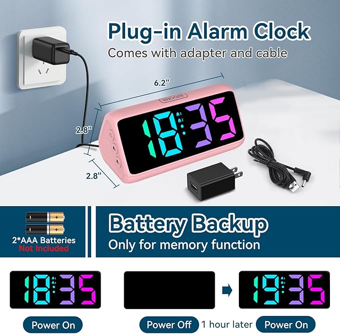 Netzu Loud Alarm Clock for Heavy Sleepers, RGB Alarm Clocks for Bedrooms Seniors Kids, Plug in Digital Clock with 5 Dimmers, 2 Alarms, 4 Volumes and Snooze