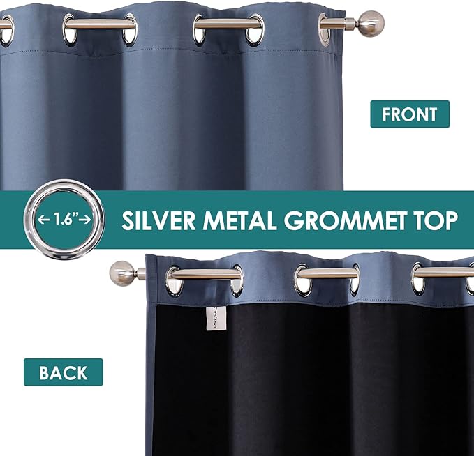 ChrisDowa 100% Blackout Curtains 80 inch Long for Bedroom with Black Liner, 2 Thick Layers Total Blackout Thermal Insulated Grommet Window Curtains 2 Panels Set (Stone Blue, 52 x 80 Inch)