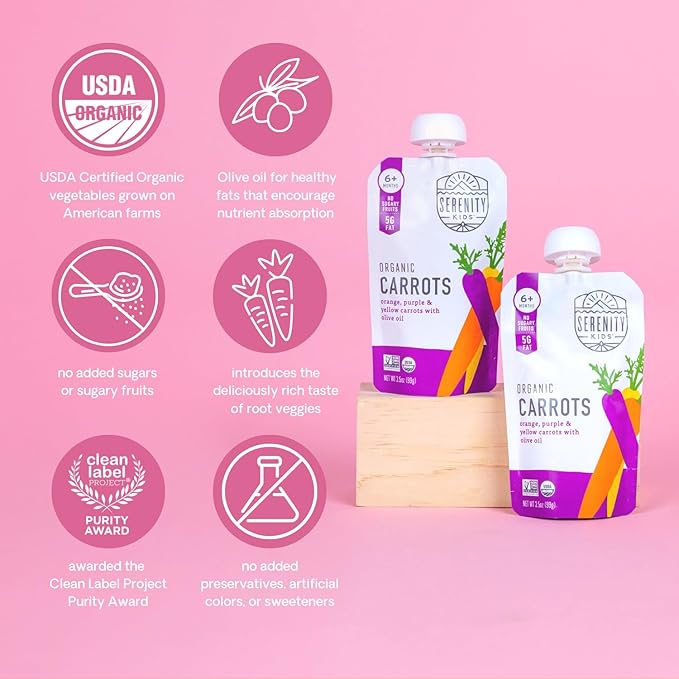 Serenity Kids 6+ Months USDA Organic Veggie Puree Baby Food Pouches | No Sugary Fruits or Added Sugar | Allergen Free | 3.5 Ounce BPA-Free Pouch | Carrots | 1 Count