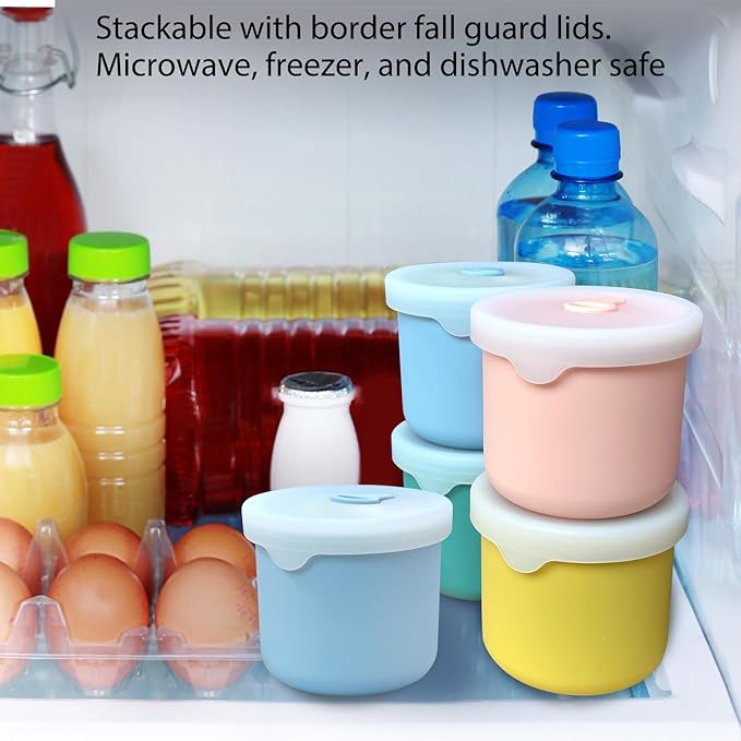 8.5 OZ Silicone Food Storage Containers, Baby Food Storage Jars with Airtight Lids and Snack Cup Lid, Freezer, Microwave and Dishwasher Safe, Reusable Snack Containers for Kids, Infant, Toddler, 4 Pcs