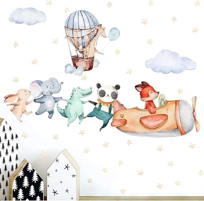 TOARTI Airplane Animal Wall Sticker, Colorful Baby Room Wall Sticker, Cartoon Animals for Children's Room, Adorable Elephant Giraffe Panda Wall Decal for Kids Bedroom Wall Decoration