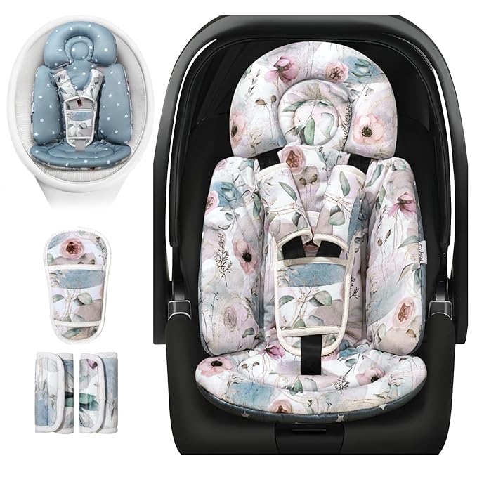 Upgraded Infant Car Seat Insert, 2-in-1 Reversible Baby Car Seat Head Support with 3 Strap Covers, All Seasons Newborn Car Seat Insert and Baby Carseat Cushion for Stroller, Swing, Rocker, Bassinets
