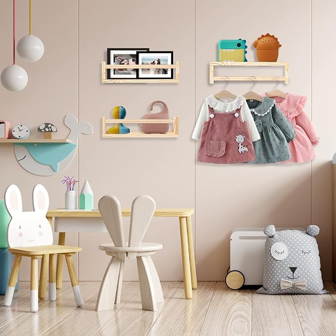 Nursery Book Shelves, 16.5 Inch Floating Bookshelves for Kids Room and Playroom Decor, Set of 3, Solid Wood Wall Mounted Shelves for Books and Toys Storage (Nature)