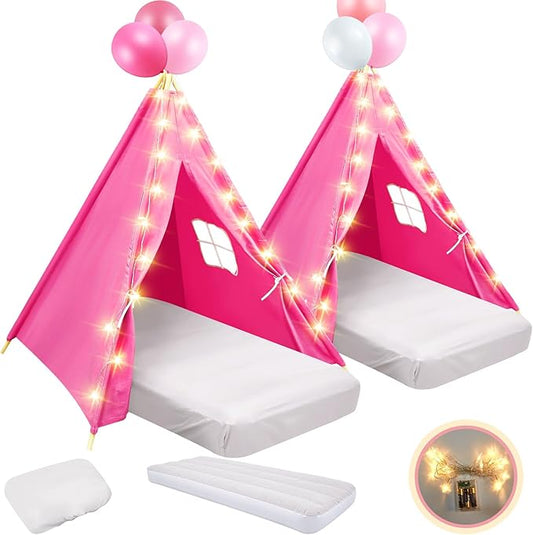 2 Pack Kids Teepee Tent with Mattress,Fitted Sheet,Light String,Washable Natural Cotton Toddler Play Tent for Girls Boys Indoor Outdoor Sleepover Slumber Birthday Party(Rose Red)