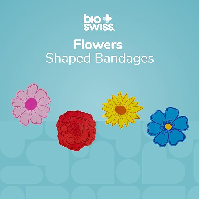 BioSwiss Bandages, Flowers Shaped Self Adhesive Bandage, Latex Free Sterile Wound Care, Fun First Aid Kit Supplies for Kids and Adults, 24 Count