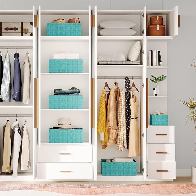 Woven Storage Baskets, Storage Bins, Cube Basket Container Baskets Storage Boxes Organizers for Clothes /Shelves/ Closet, Set of 6 (Aqua)