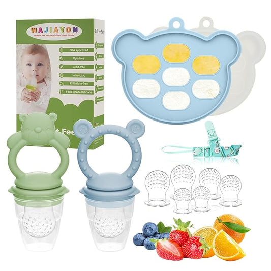 WAJIAYON Baby Breastmilk Popsicle Molds & Babies Fruit Feeder (4 Pack), Infant Food Freezer Tray Storage Containers, Silicone Teething Pacifier Feeder and Teether for Babies,Baby Feeders（Green）