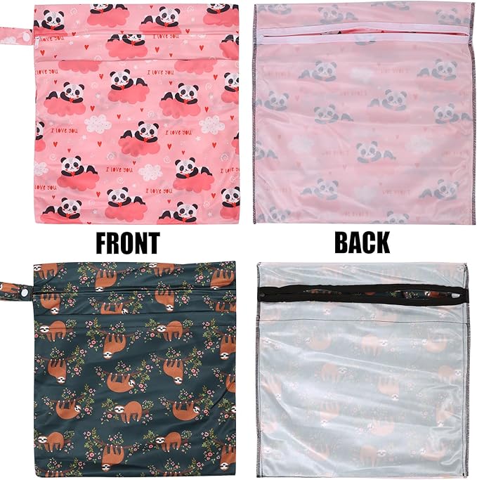 2pcs Cloth Diaper Wet Dry Bags, Waterproof Reusable Wet Bag with 2 Zipper Pockets & Handle, Washable Laundry Bags for Baby Adult Clothes Travel Beach Pool Daycare Yoga Gym Exercise Swimsuits,