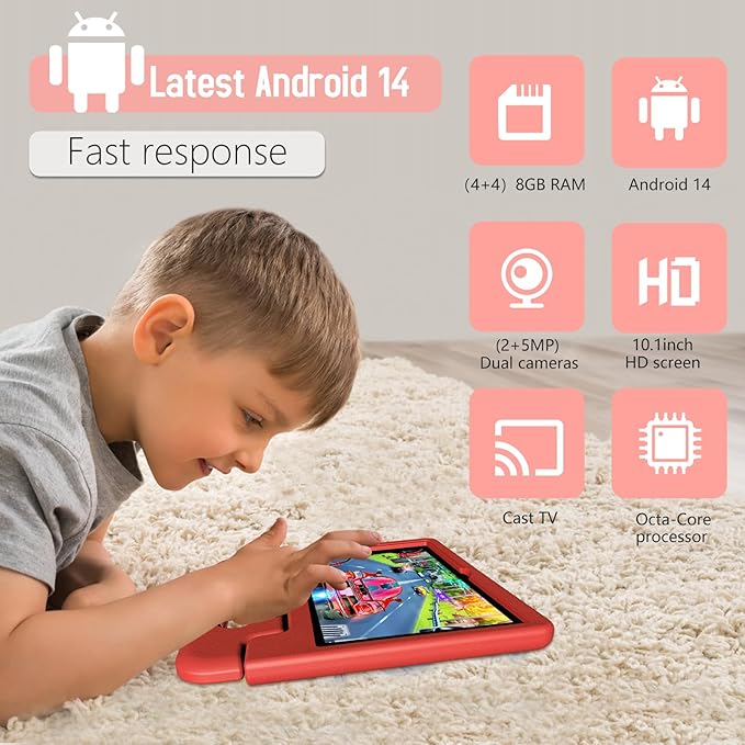 Tablet for Kids Age 3-12 10.1 inch Android 14 6000mAh 8GB RAM+64GB ROM(Expandable to 1TB Kids Tablet WiFi6 Google Kids Space Parental Control 1280 * 800 HD Screen - Red