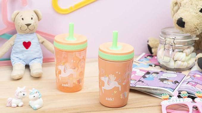 Zak Designs Unicorn Kelso Tumbler Set, Leak-Proof Screw-On Lid with Straw, Bundle for Kids Includes Plastic and Stainless Steel Cups with Bonus Sipper, 3pc Set, Non-BPA, 15 fl.oz.