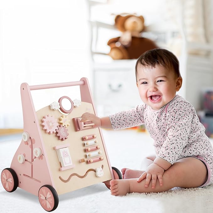 Beright Wooden Baby Walker Push and Pull Learning Activity Walker Kids’ Activity Toy Multiple Activities Center Develops Motor Skills & Stimulates Creativity(Pink)