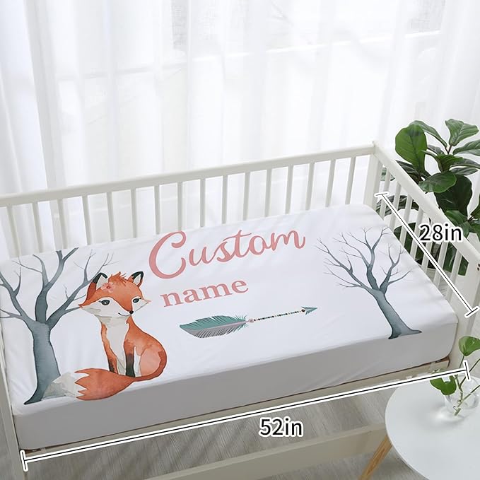 Personalized Nursery Crib Bedding Set: Custom Name 5 Piece Baby Crib Sets with Cute Fox Pattern - Toddler Double Layer Blanket Set, Comfortable Crib Bed Sheets for Baby Grils