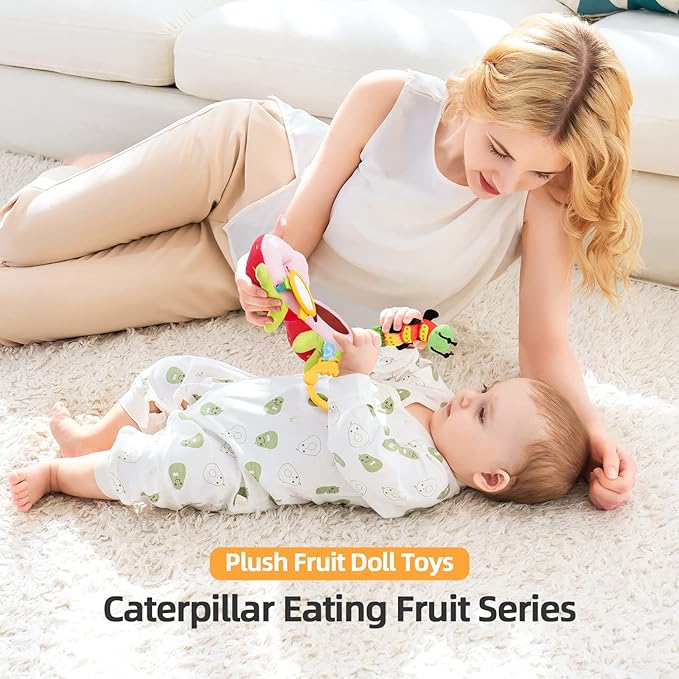 Jollybaby Newborn Plush Stuffed Fruit Rattle Toy for Stroller Car Seat Crib, Montessori Sensory Plush Strawberry Toy with Rattle and Mirro Toy for Baby 0-6-12 Month, Infant Baby Boy Girl Shower Gift