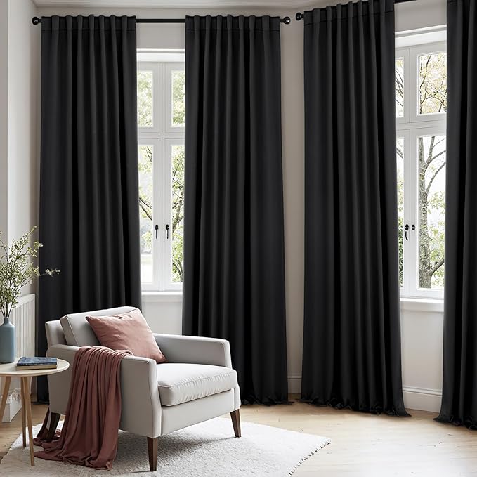 ANRODUO Back Tab Blackout Curtains for Bedroom Living Room, Rod Pocket Pinch Pleated Thermal Insulated Room Darkening Curtains 120 Inches Long 2 Panels, Black, 52 x 120 Inch