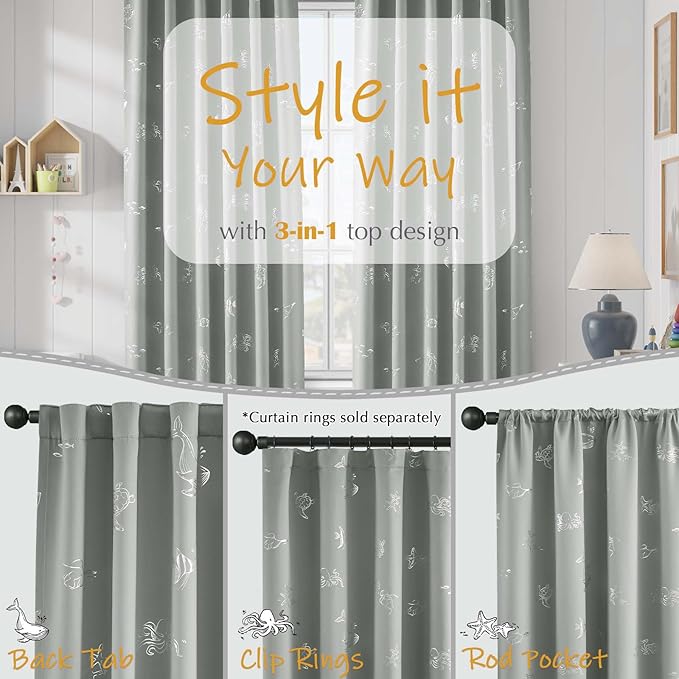 Vangao Kids Curtains for Boys Bedroom Kids Blackout Curtains 84 Inch Length Ocean Aquarium Nursery Drapes for Girls Bedroom Silver Sea Animals Print Thermal Insulated Drapes, Grey 2 Panels