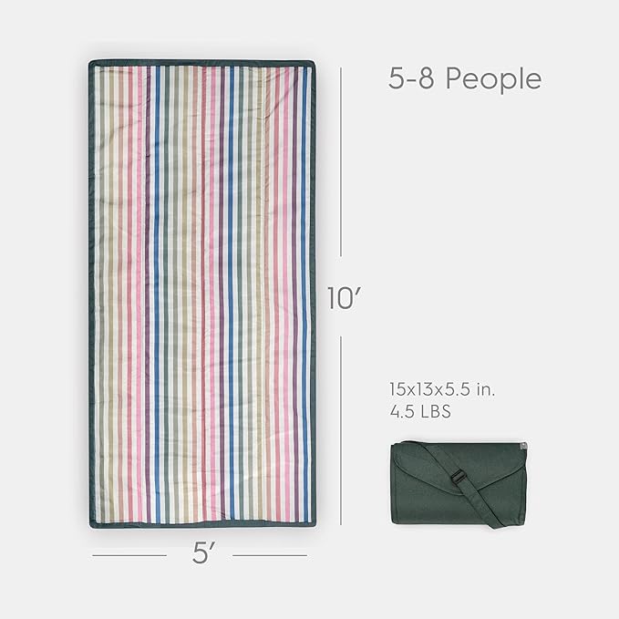 Little Unicorn 5'x10' XL Outdoor Family Picnic & Beach Blanket | Durable & Water-Resistant Fabric | Compact Fold & Easily Wipes Clean | Zipper Pocket (Chroma Rugby Stripe)