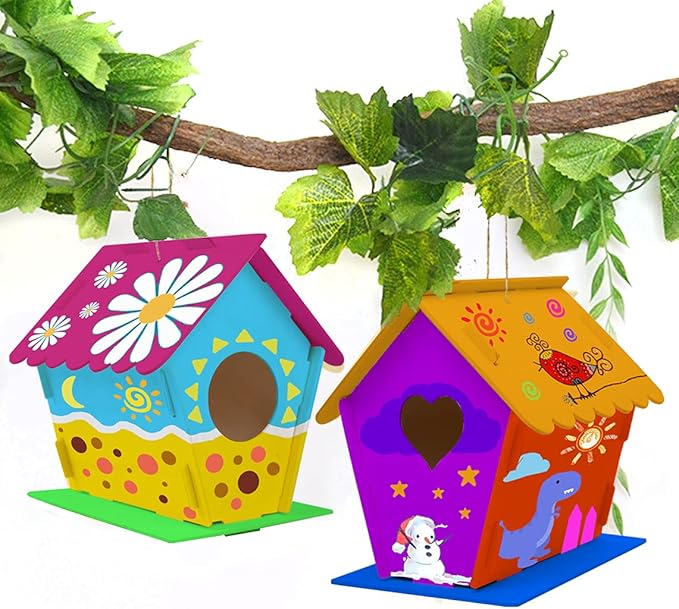 hapray 2 Pack Bird House Kit, DIY Birdhouse Kits, Wooden Crafts Arts for Children to Build and Paint (Includes Paints & Brushes) for Kids Girls Boys Toddlers Gifts Christmas