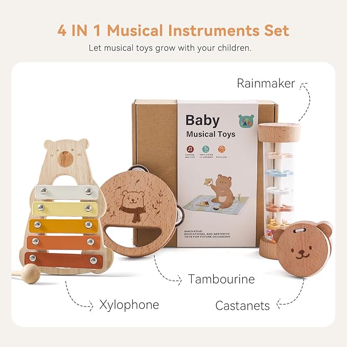 IEATFO Baby Musical Instruments - Your Child's First Musical Toys with Castanet Rainmaker Tambourine Xylophone - Baby Friendly Design Wooden Instruments Set Grow with Your Boys and Girls