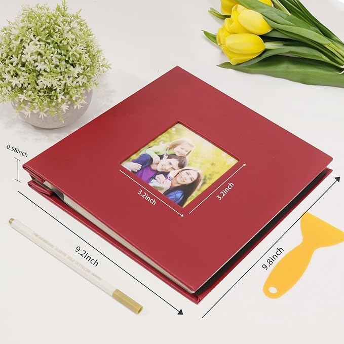 RECUTMS Photo Album Self Adhesive Magnetic Scrapbook 4x6 5x7 8x10 Pictures Scrapbook Album, 40 Pages Photo Book for DIY Baby Family Wedding with Metal Pen and Plastic Board (Red)