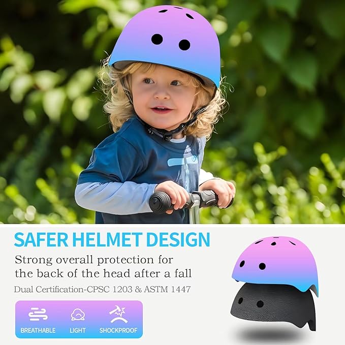 Adjustable Kids Bike Helmet with Knee & Elbow Pads Set, Color Gradient Design for Boys and Girls Aged 3-14+, for Skateboarding, Scooter, Roller & Inline Skating, Longboard