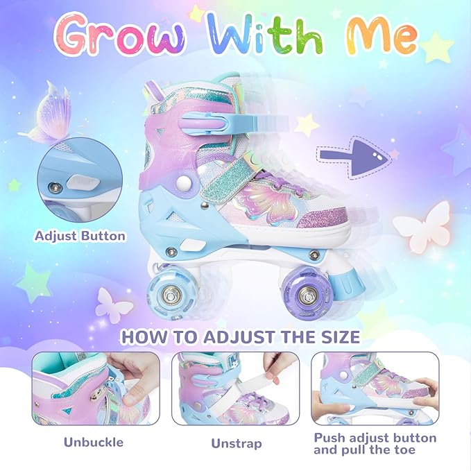 Nattork Kids Roller Skates for Girls Boys Kids, 4 Sizes Adjustable Quad Skates Butterfly and Flower with All Light up Wheels - Birthday Gift for Indoor Outdoor Sports