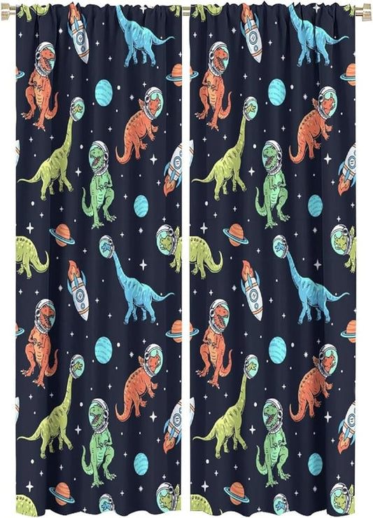 Cartoon Dinosaur Curtains for Kids Boys Girls Home Decor, Astronaut Rocket Funny Outer Space Blackout Rod Pocket Window Drapes for Bedroom Living Room W21xL63in 2 Panels
