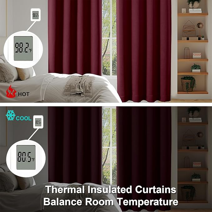 Simplebrand Ava Burgundy Blackout Curtains for Bedroom 63 Inch Length 2 Panels Set, Nursery Thermal Insulated Energy Saving Rod Pocket Window Treatment Curtains Blackout Drapes, W40 x L63 Inch