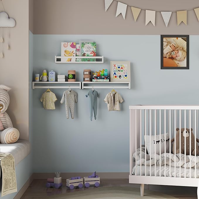 Heimlove Nursery Floating Shelves, White Nursery Book Shelves for Wall, 24 inch Wall Bookshelf for Kids Solid Wood Wall Mounted Shelves for Books,Toys and Decor Storage, Set of 3