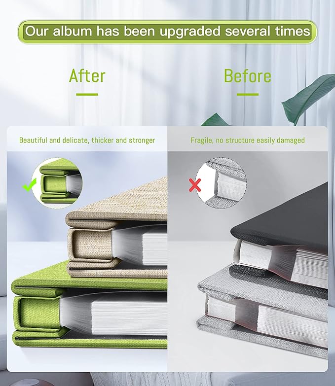 Popotop Photo Album Self Adhesive with Picture Display Window,60 Pages DIY Scrapbook Album for 4x6 8x10 Picture,Linen Cover Memory Book for Baby Wedding, with Scraper and Metallic Pen