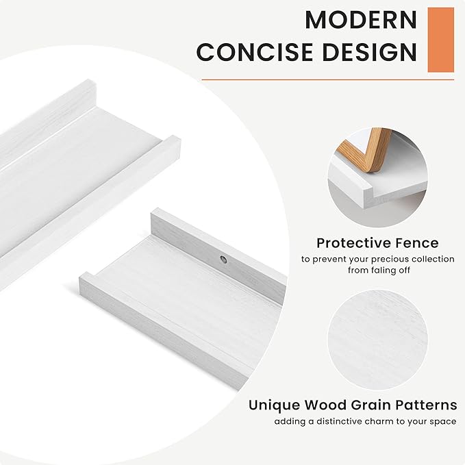 Picture Ledge Shelf, 72 inch Solid Ash Wood Floating Shelves Set of 2, Picture Ledge Ledge Wall Mounted for Living Room Kids' Room Bedroom, Color White