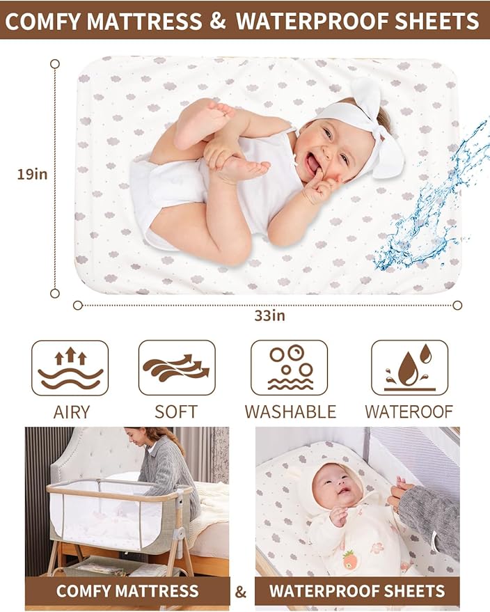 Baby Bassinet, Bassinet Bedside Sleeper with Waterproof Bassinet Sheets and Soft Mattress, Safe Adjustable Height Bedside Bassinets with Wheels, Girl/Boy Bassinets, Khaki
