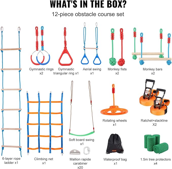 VEVOR Ninja Warrior Obstacle Course for Kids, 2 x 65 ft Weatherproof Slacklines, 500lbs Weight Capacity Monkey Line, Outdoor Playset Equipment, Backyard Toys Training Equipment Set with 12 Obstacles