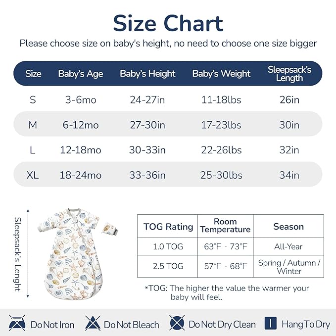Baby Sleep Sack 3-6 Months, Cotton Detachable Long Sleeve Sleep Sack, 1.0 Tog Toddler Sleeping Sack with Temperature Strips, 2-Way Zipper Wearable Blankets for Newborns, Ocean