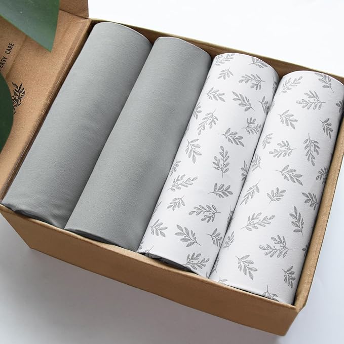 Crib Sheets 4 Pack for Baby Boys & Girls, Neutral Crib Sheet Fitted 52'' x 28'' for Standard Crib & Toddler Mattress, Ultra Soft Material Baby Sheet, Grey Leaf