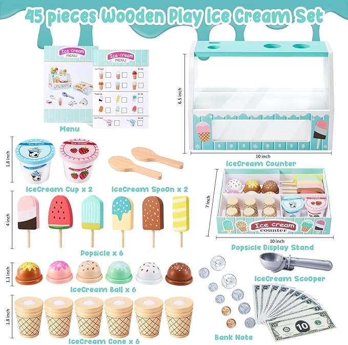 WHOHOLL Wooden Ice Cream Counter Playset for Toddler Girl Toys, Play Store Pretend Toy Food Play Kitchen Accessories with Fake Money & Coin, Gifts for 3+ Year Old Kids (Green)