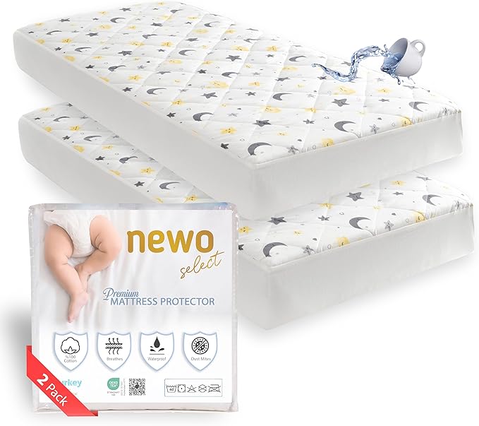 Waterproof Crib Mattress Protector Sheets,%100 Cotton Fabric, Absorbent Crib/Toddler Mattress Protector, Quilted, Certified, Noiseless Machine Wash, Moon&Star Pattern 52"x28" (Small Single, 2, Pack)
