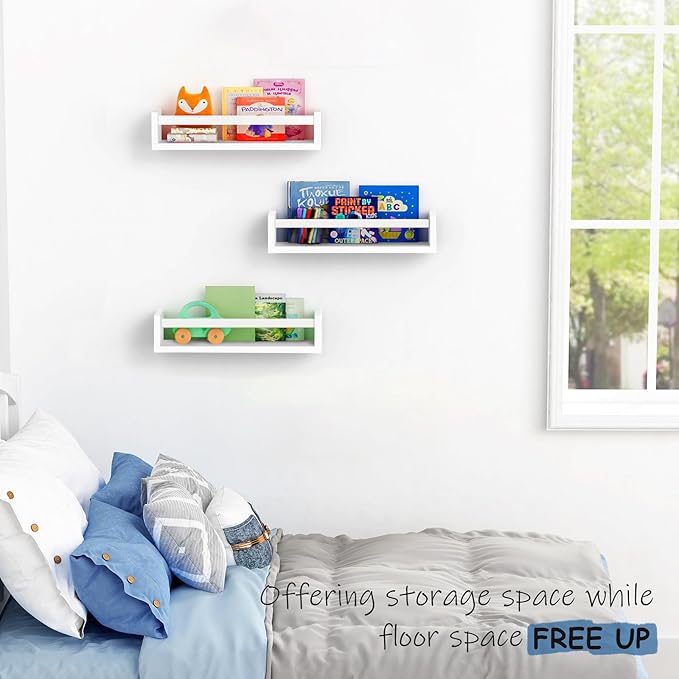 White Nursery Floating Book Shelves for Wall Set of 3, Kids Wall Shelves for Baby Room Bedroom, Modern Hanging Bookshelf for Baby Toddler Children Girls Boys Decor and Toys Books Storage