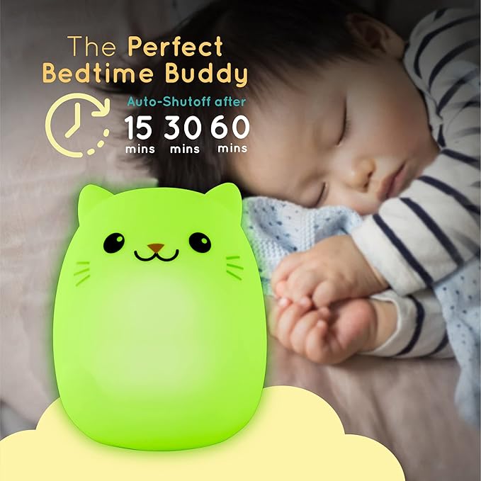 Lumipets Remote Control Silicone Night Light for Kids - Cat Design with 9 Soft Colors & Sleep Timer - Rechargeable, Battery-Operated Lamp for Bedroom | Baby Nursery, Toddler, Girls, Boys