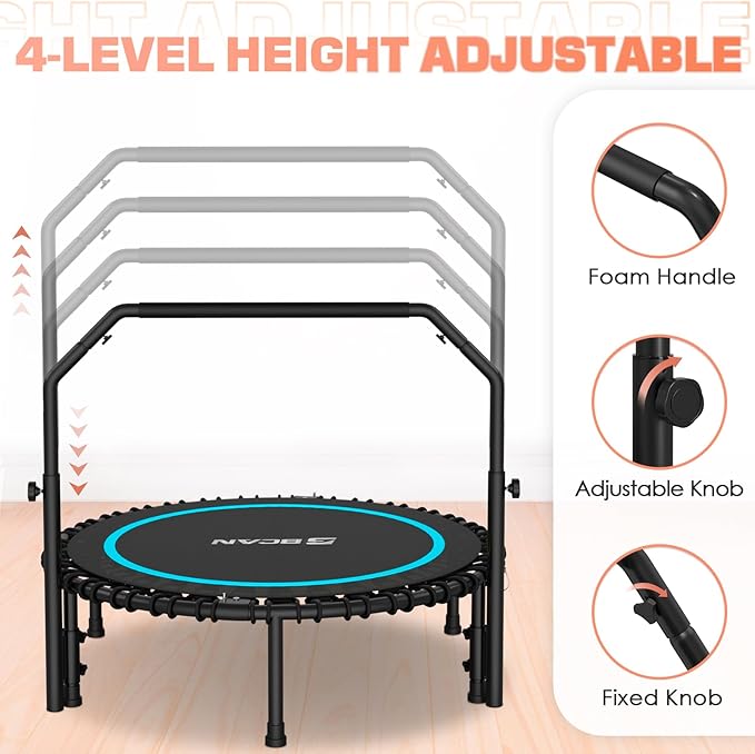 BCAN 40"/48" Mini Rebounder Trampoline for Adults with Bar, 450/550LBS Fitness Trampoline with Bungees, Adjustable Handle, Stable & Quiet, Indoor Outdoor, Whole-Body Workout & Relaxation at Home