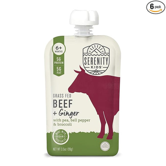 Serenity Kids 6+ Months Beef & Ginger Baby Food Puree Pouches - Grass Fed Beef & Organic Peas, Bell Pepper & Broccoli - No Added Sugar & BPA-Free Pouches - 3.5 Oz, 6 Pack