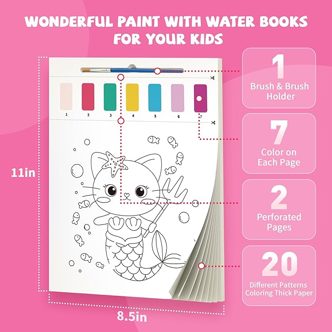 Paint with Water Books for Kids, Mermaid Watercolor Paint Book Set for Kids,Toddlers Water Color Coloring Painting Drawing Set,Mess Free Toys Gifts for Girls Age 3 4 5 6 7 8