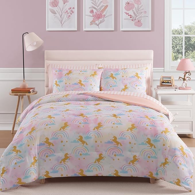 Full Size Comforter Sets with Sheets for Girls-7 Pieces Full Size Bedding Sets with Pink Comforter, Sheets, Pillowcases & Shams for Kids (Gold Unicorn, 76" X 86")