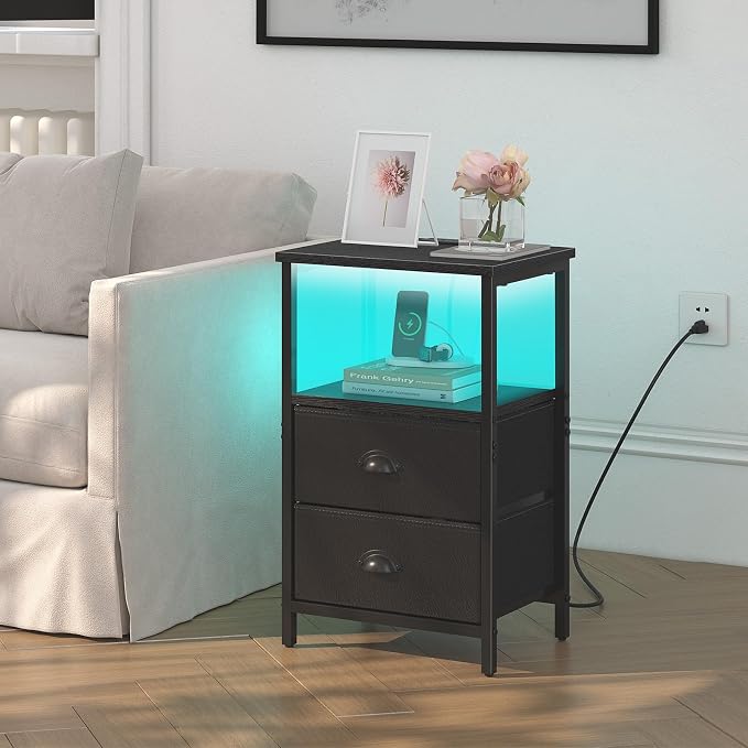 sthmec Nightstand with Charging Station, Night Stand with 2 Fabric Drawers PU - Image 2