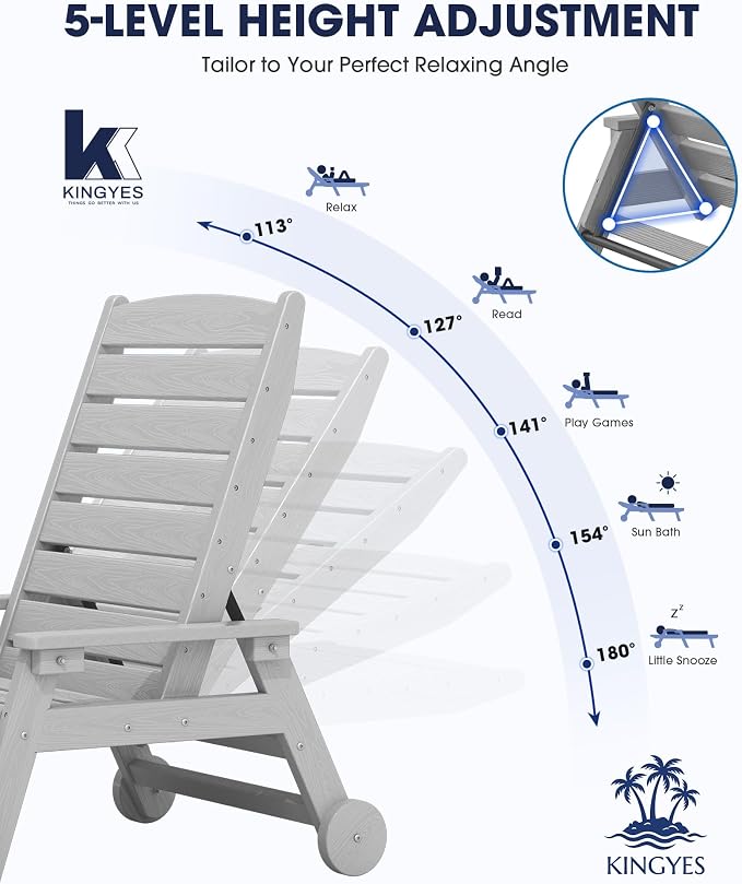 KINGYES HDPE Lounge Chair Outdoor, Patio Chaise Lounge Recliner - Image 3